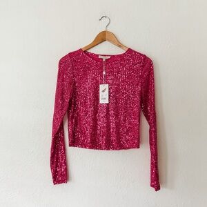 Chelsea & Violet Girls Fushia Sequin Sparkling Long Sleeve Cropped Top